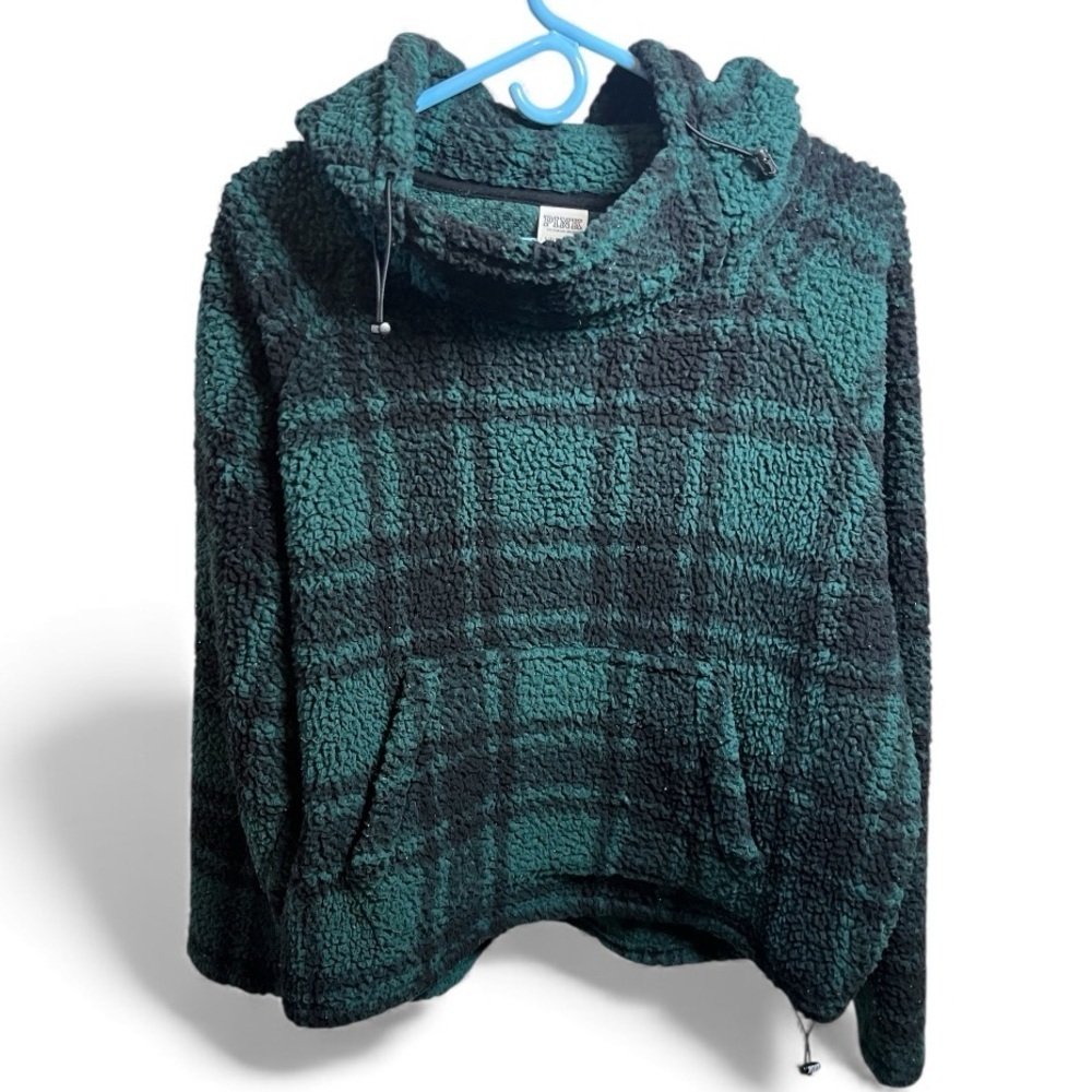 Victoria's Secret “PINK” Fleece Sherpa Pullover Plaid Hoodie Jacket Green SP